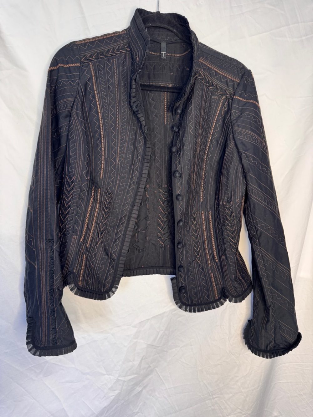 Tabari Vintage Black Embroidered Tan Trim Jacket - Elegant Button-Front Coat